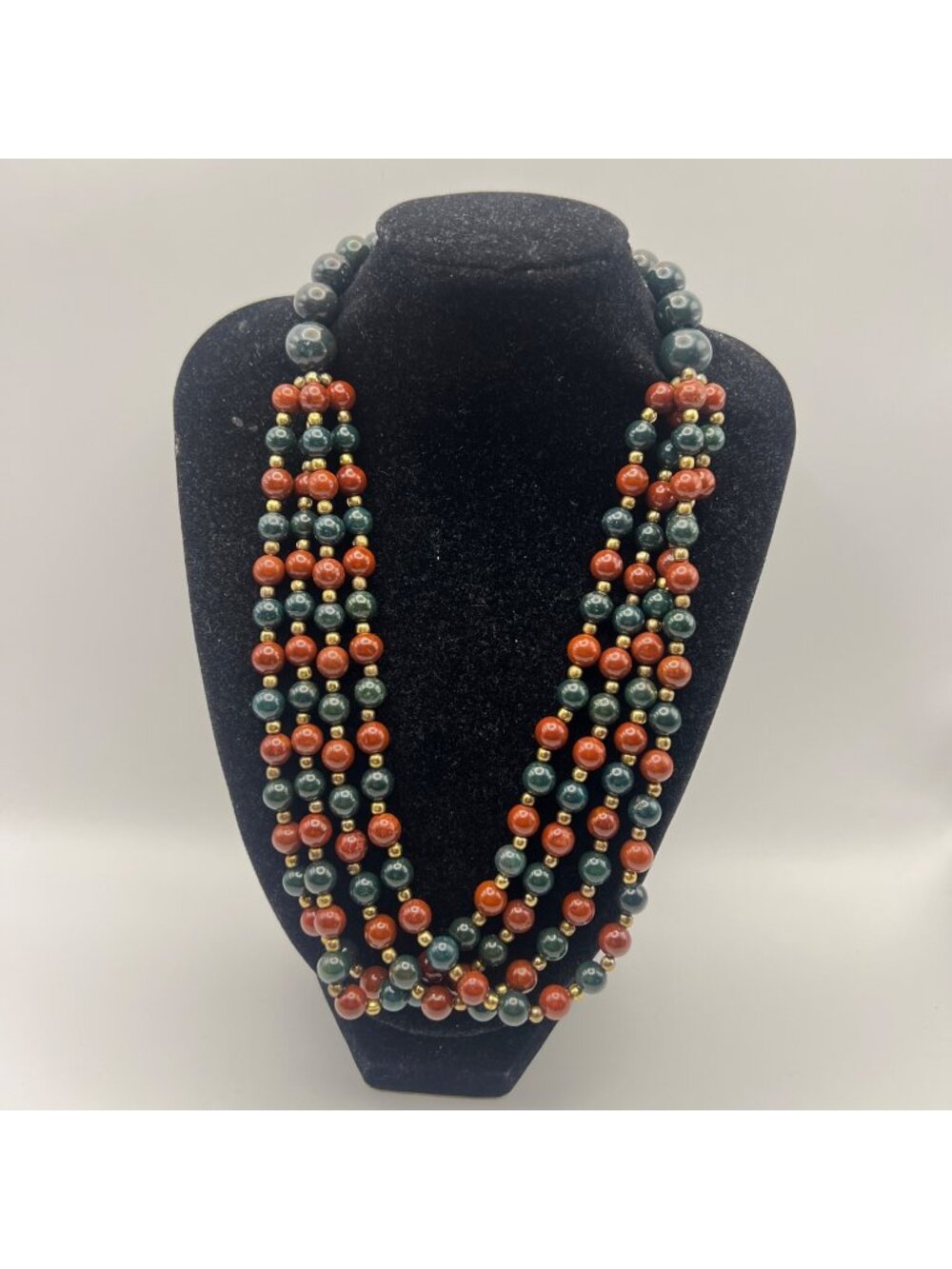 Vintage Green Bloodstone Red Jasper Multi Strand Bib Necklace 18" Boho Statement